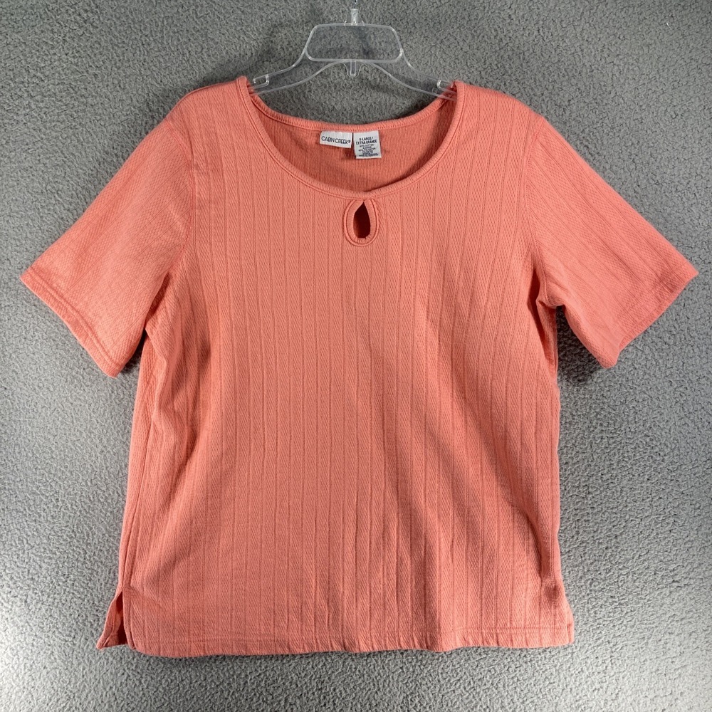 Cabin Creek Knit Top Womens XL Coral Ribbed Keyhole Short Sleeve Side Slits